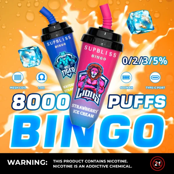RandM Supbliss Bingo 8000 Puffs 0% 2% 3% 5% Перезаряжаемые одноразовые вейпы с низким содержанием никотина, оптовая покупка оптом - RiftVape - 1