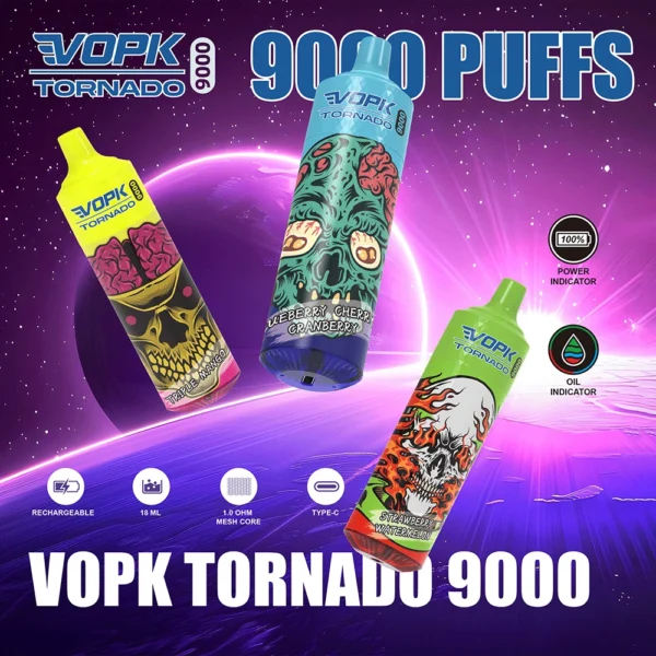 VOPK Tornado 9000 Puffs 0% 2% 3% 5% Low Nicotine Rechargeable Disposable Vapes Pen Bulk Buy Wholesale - RiftVape - 1