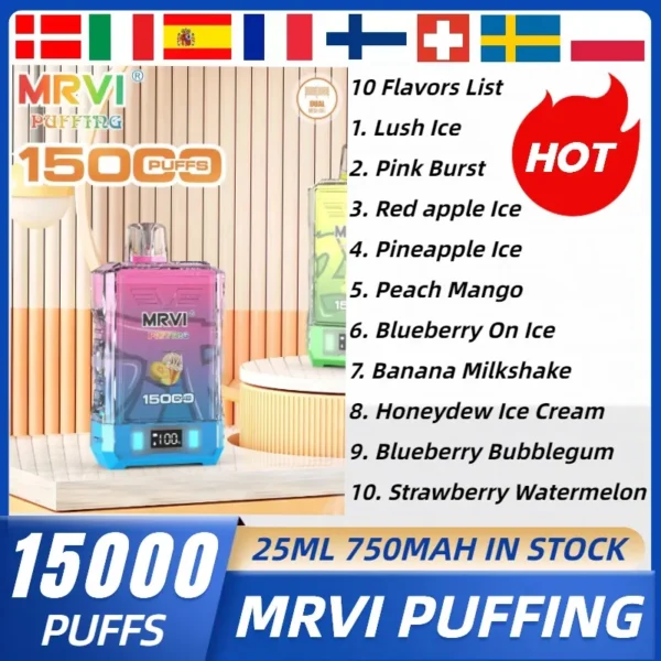 MRVI Puffing 15000 Puffs Pantalla digital de malla dual 2% 5% Vapes desechables recargables con bajo contenido de nicotina Pluma Compra a granel al por mayor - RiftVape - 1