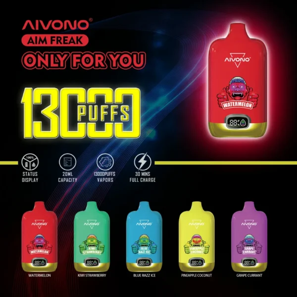 AIVONO AIM FREAK 13000 Puffs Pantalla digital 0% 2% 3% 5% Vapes desechables recargables con bajo contenido de nicotina Pluma Compra a granel al por mayor - RiftVape - 1